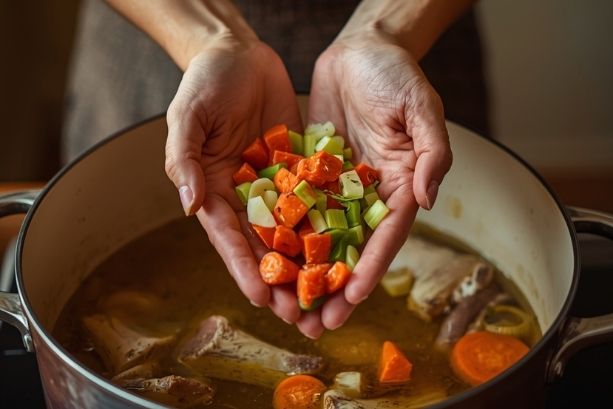 Woman's hands adding chopped carrots and celery to bone broth for women in menopause stock