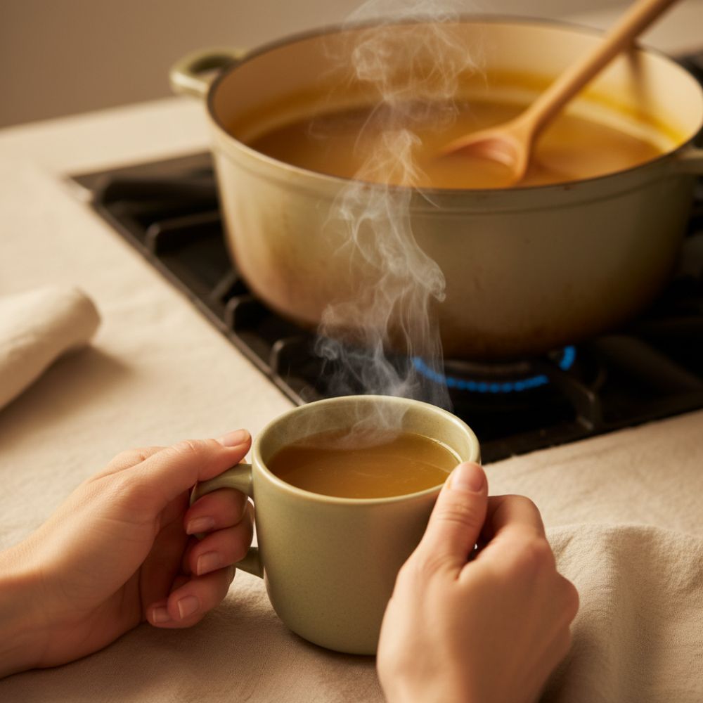 A steaming, sage-colored mug held by two hands, with a wooden ladle resting in a pot of golden liquid in the background.