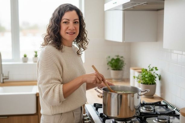 A woman cooking bone broth for women in menopause on the stove in kitchen.