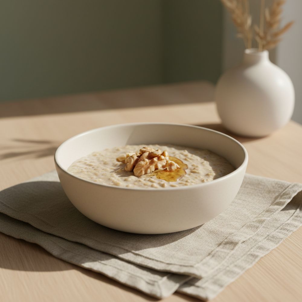 A close-up of a matte cream bowl of chia pudding or overnight oats, topped with pale walnuts and a drizzle of honey.