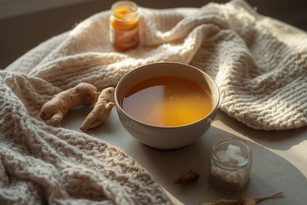 clear broth in a ceramic bowl