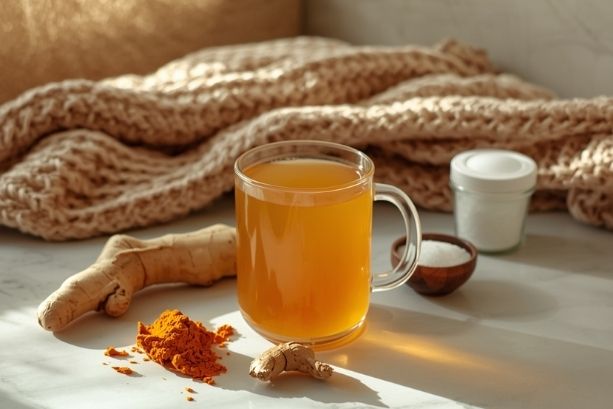A glass mug with bone broth for women in menopause with ginger and turmeric.