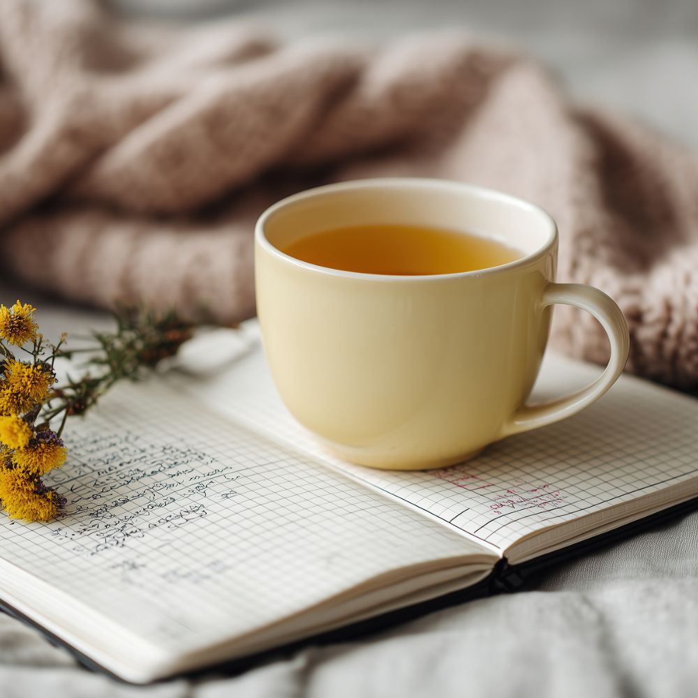 A mug of tea sitting on top of a journal
