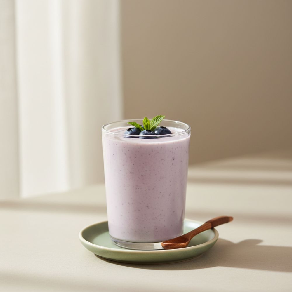 A thick, pale lilac (berry & yogurt) or soft chocolate smoothie in a minimalist glass, topped with three neat blueberries and a tiny sprig of mint.