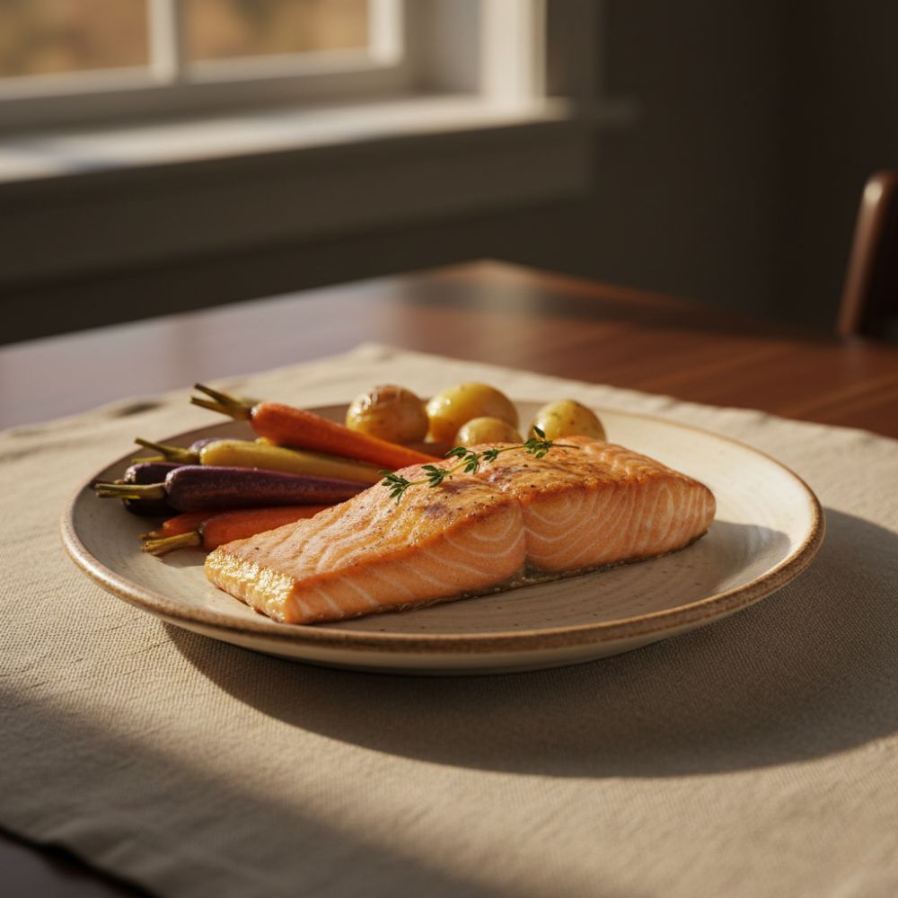 A steaming piece of wild-caught salmon and roasted root vegetables on a cream-colored plate, with a sprig of fresh thyme.