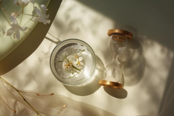 On a soft linen background, there is a glass petri-style bowl filled with clear, sparkling water and a few floating botanical petals. An hour glass lays beside the glass.
