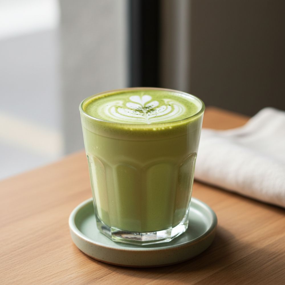 A beautiful glass containing a pale green matcha latte.