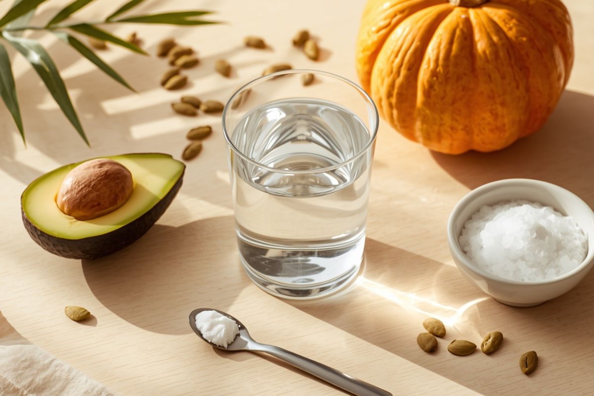A glass of water with electrolyte powder, avocado, sea salt, and pumpkin seeds demonstrating the best electrolytes for menopause.