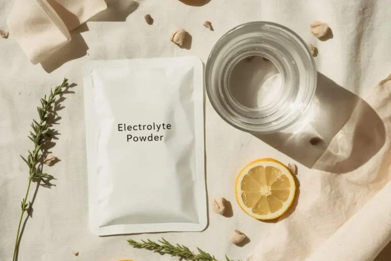 A package of one of the best electrolyte supplements for women in menopause next to a glass of water.