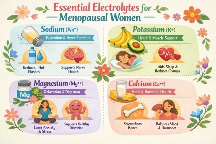 A chart showing the essential electrolytes that women need during menopause.