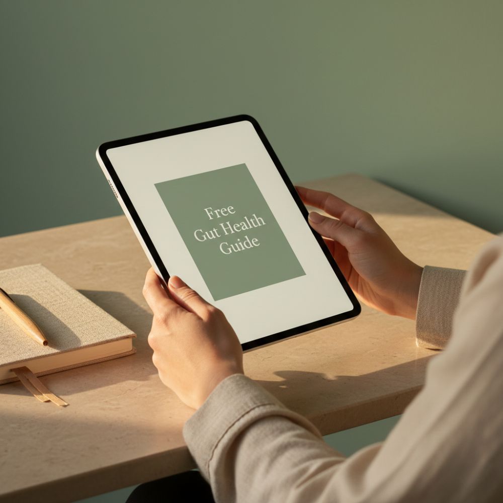 A woman holding a tablet with an image that reads "Free Gut Health Guide".