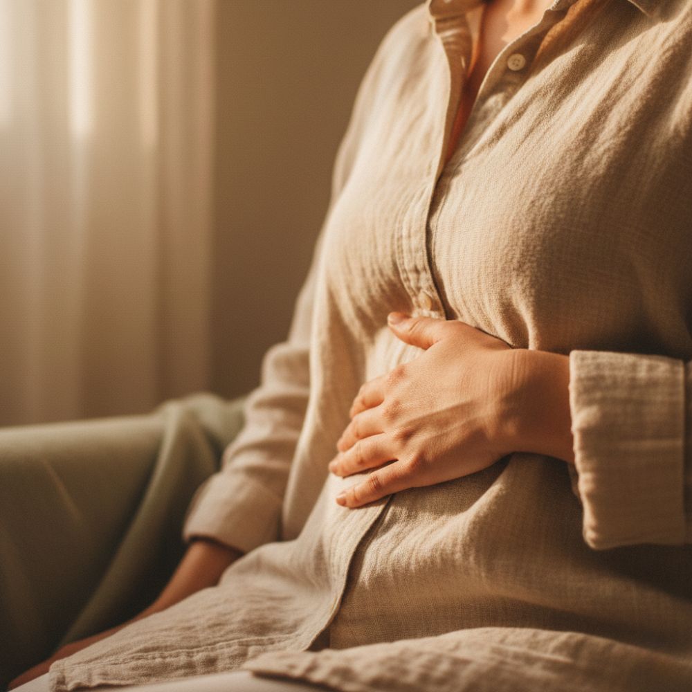 woman sitting near a window with her hand over over stomach