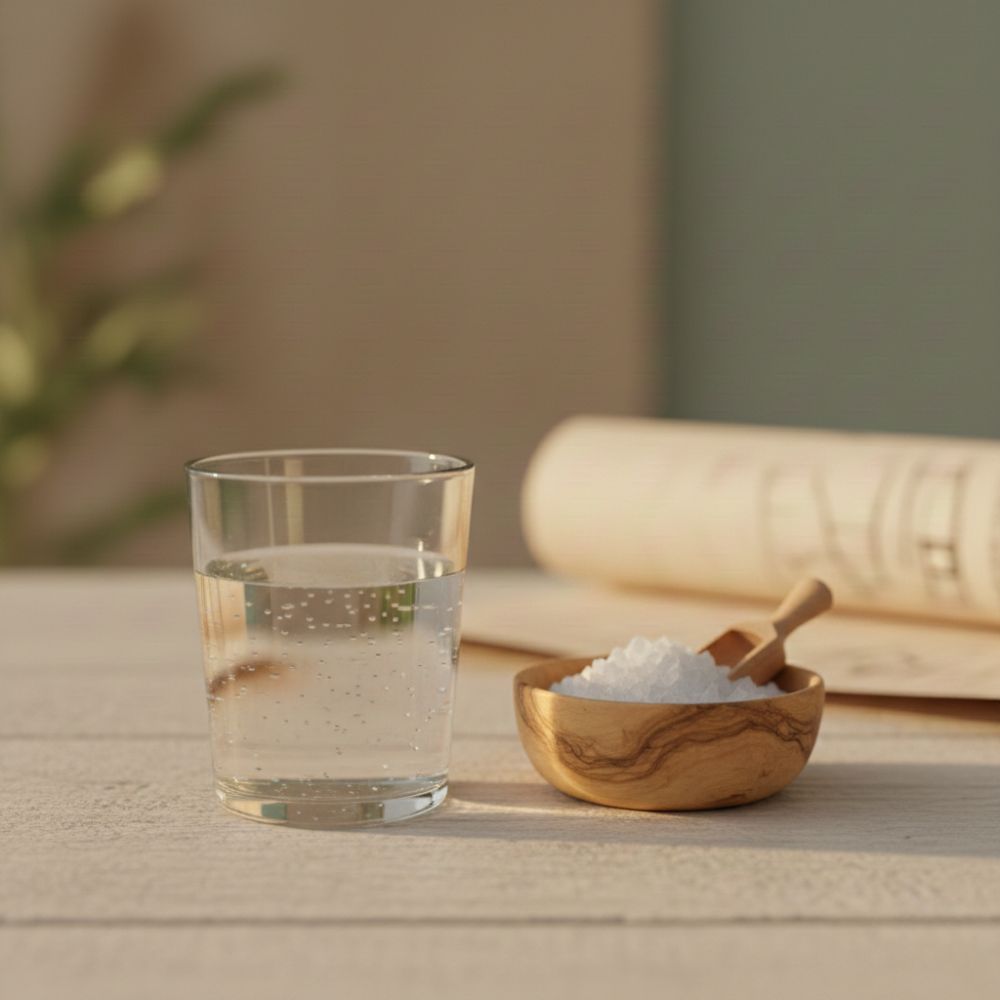 A glass of water and a small wooden bowl of sea salt on a table.