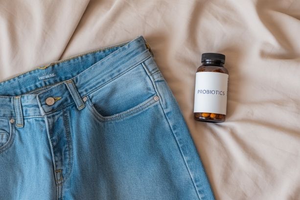 Jeans on a bed with a bottle of probiotics next to them.