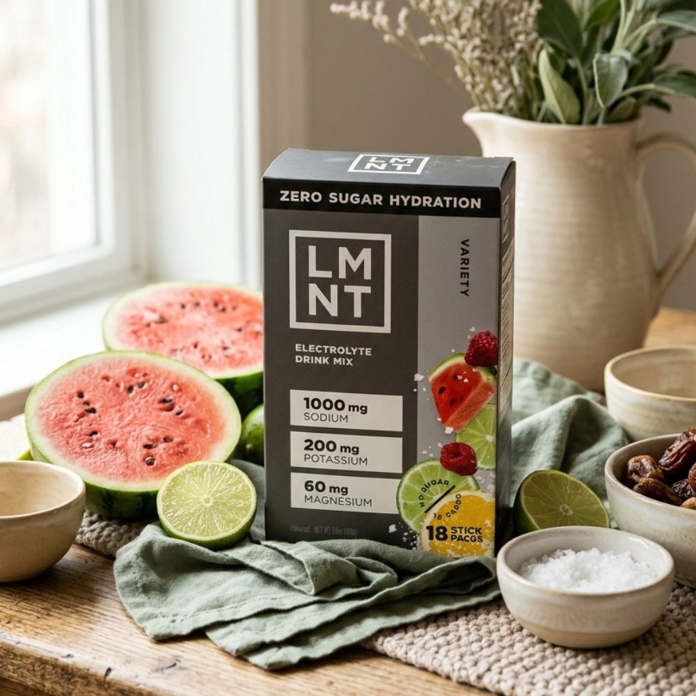 LMNT Zero Sugar Electrolytes on a kitchen counter surrounded by a watermelon and lime.