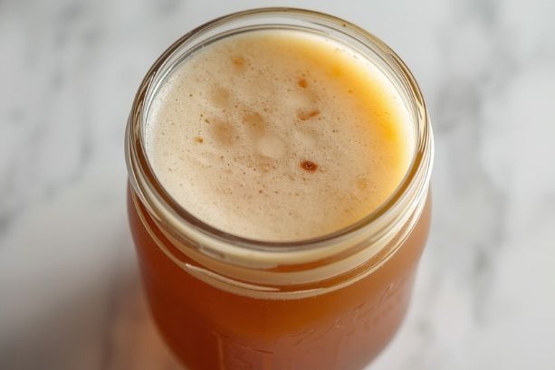 Top view of a mason jar filled with bone broth for women in menopause. The top has a layer of fat.