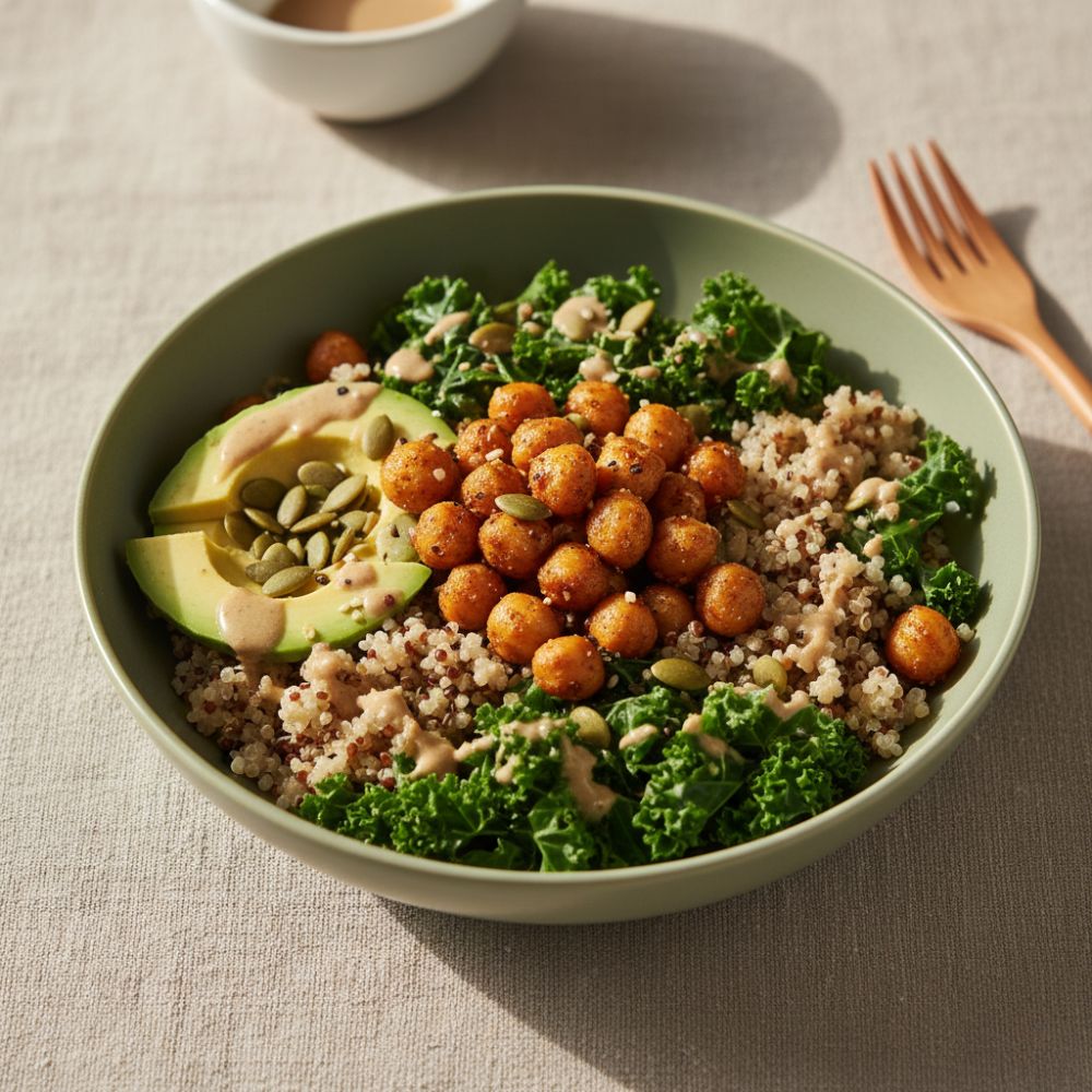 A flat-lay of a nourishing grain bowl (quinoa, roasted chickpeas, kale) in a shallow sage-colored ceramic pasta bowl.