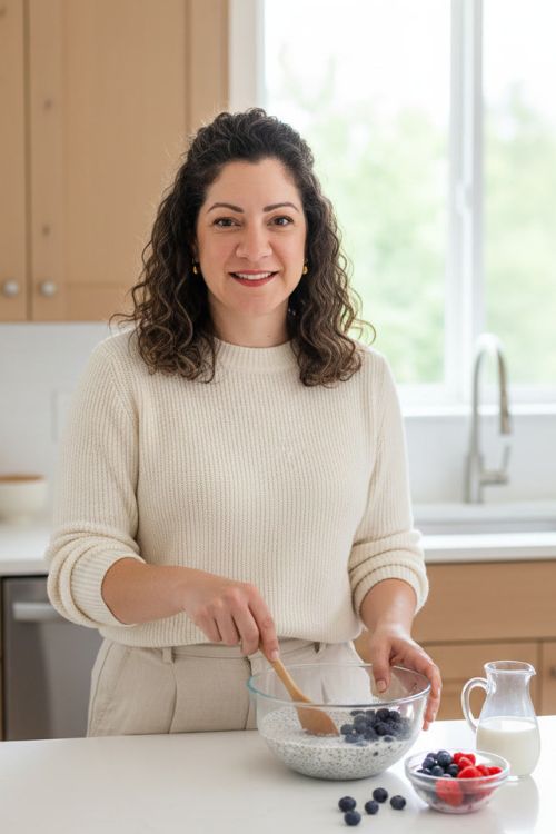 Woman in her kitchen making chia seed pudding with fresh berries