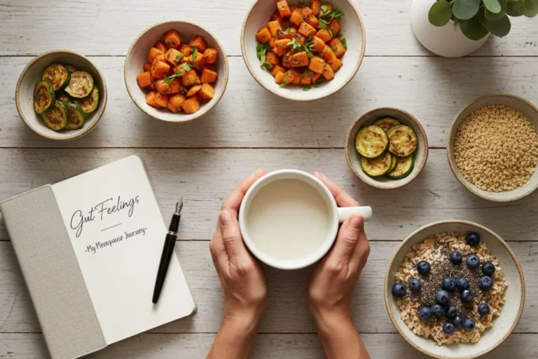 Flat lay of gut-friendly foods for menopause bloating, including roasted zucchini, carrots, quinoa, and chia seed oatmeal next to a journal.
