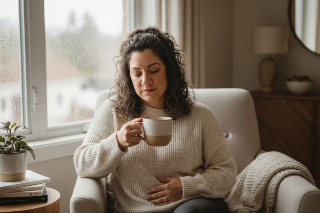 A woman going through menopause suffering from bloating due to IBS-C flareup.