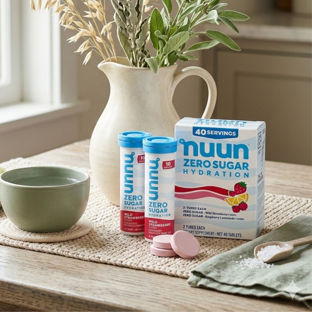 Nuun Zero Sugar Hydration Electrolyte Tablets on a kitchen table. These are one of the best electrolyte supplements for women in menopause.