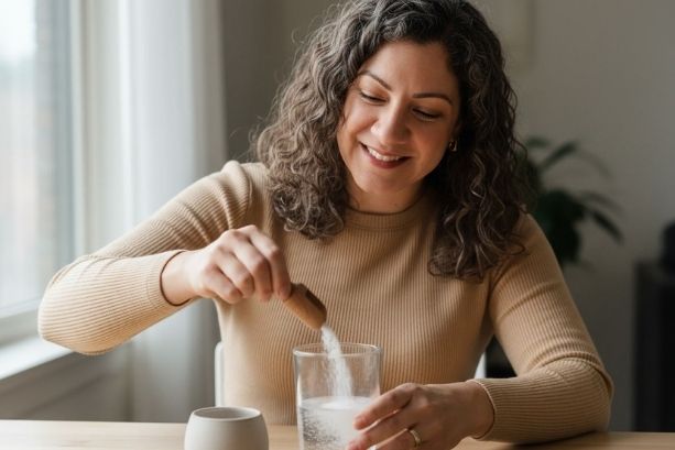 Jacqueline pouring electrolyte powder into a glass of water for gut health during menopause.