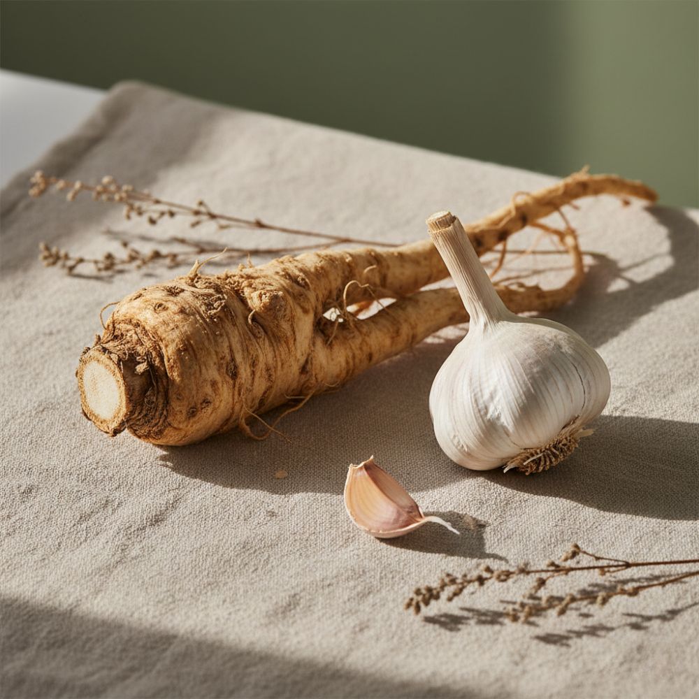 Chickory Root and head of garlic on linen towel