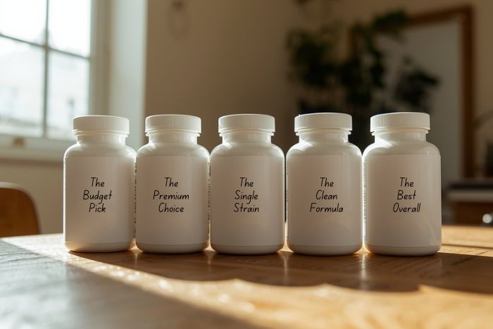 5 probiotics for menopause bloating bottles on a wooden table.