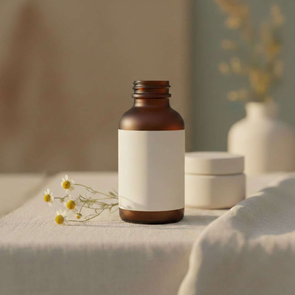 Bottle of Supplements on a table with warm light and a towel nearby