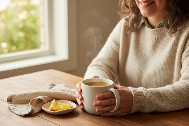 woman sitting at a table near a window with a large mug of bone broth for women in menopause