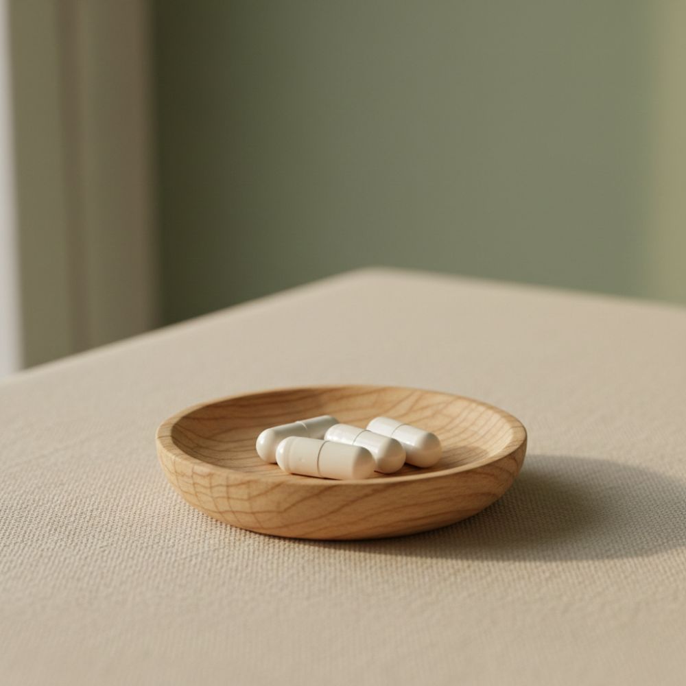 Three sleek, white capsules resting on a small, hand-carved wooden dish.