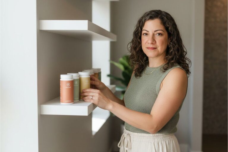 Woman arranging probiotics for menopause bloating on a shelf while building her daily gut health routine.