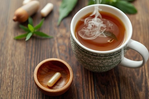 A mug of herbal tea on a table with a capsule in a wooden bowl next to it.