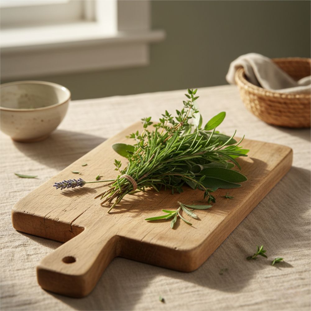 Fresh herbs on top of a wooden cutting board.