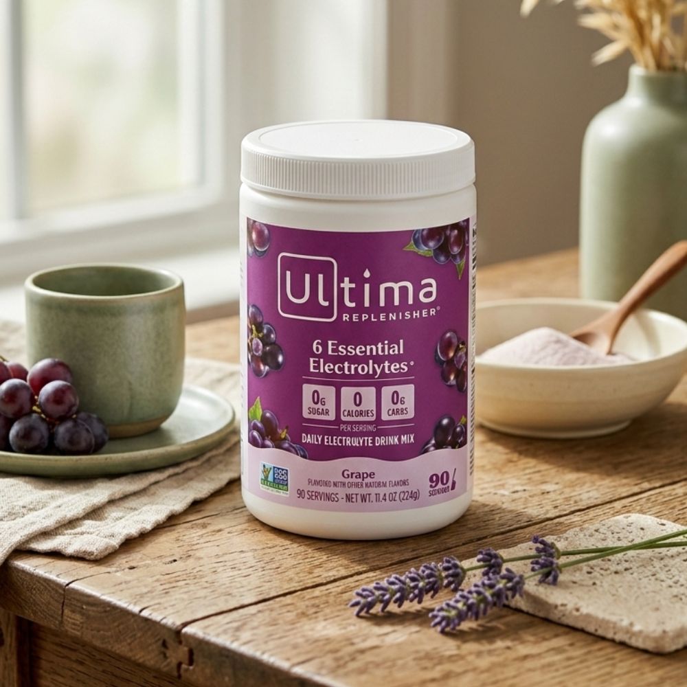 Ultima Replenisher Daily Electrolyte Powder Drink Mix on a wooden kitchen counter.