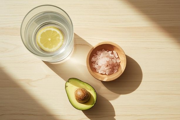 Water with lemon, half an avocado and a bowl of pink sea salt on a wooden table