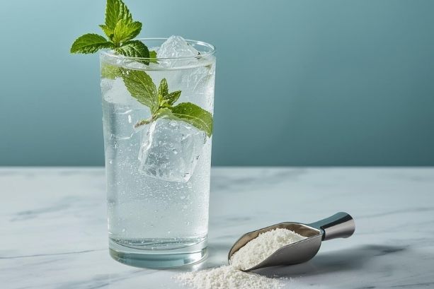 Water in glass with mint leaves and a scoop of electrolyte powder on the side.