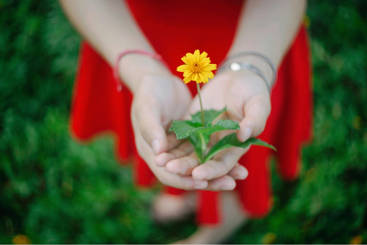 Woman with red dress holding a flower in her hands.