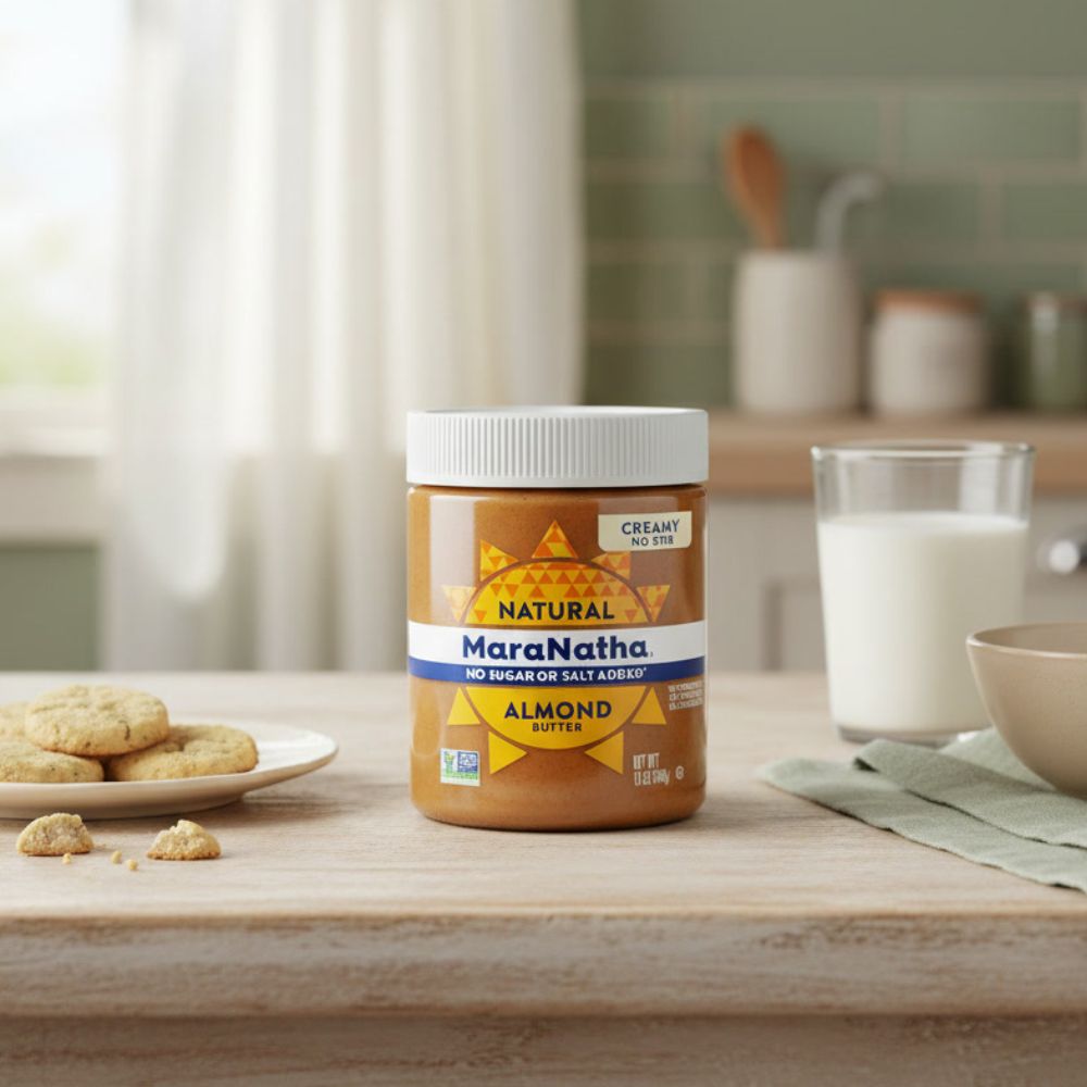 MaraNatha Natural Creamy Almond Butter container on a kitchen counter with a plate of cookies on one side and a glass of milk on the other.