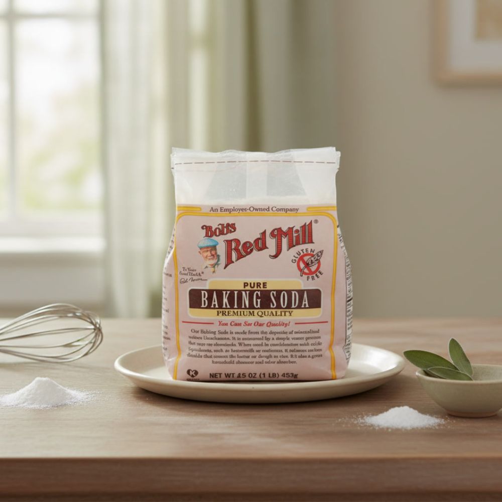 Bob's Red Mill Baking Soda, 16oz package on a kitchen counter.