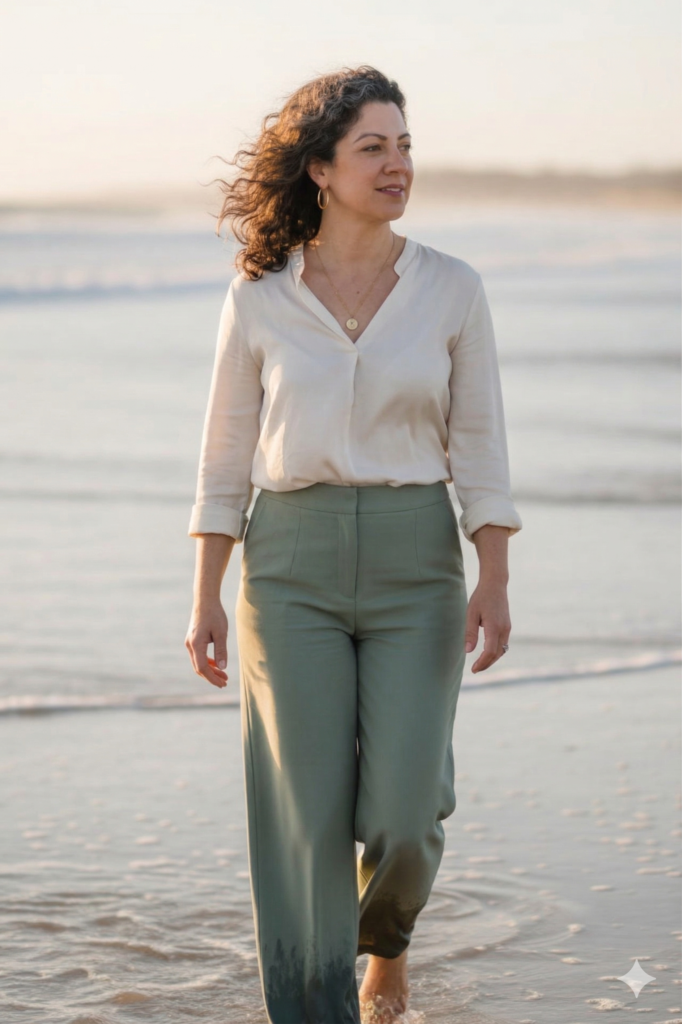 Woman walking on beach at sunset