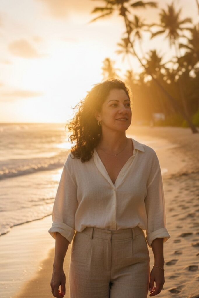 Woman walking on tropical beach during sunset