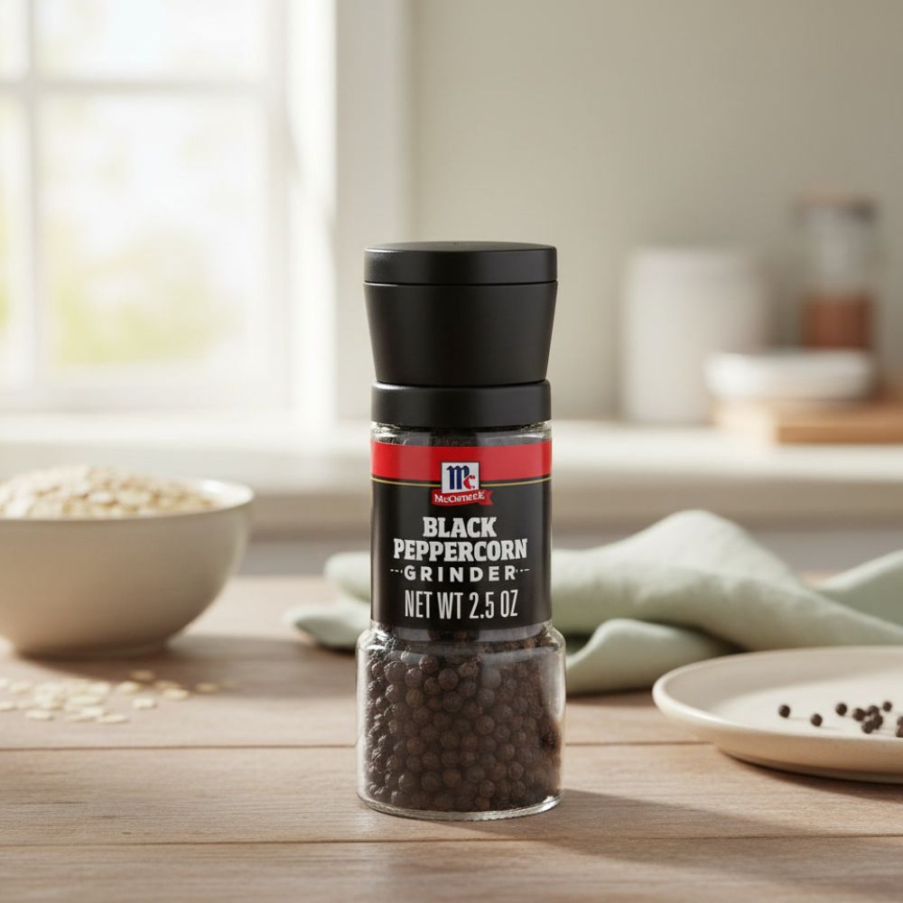 McCormick Black Peppercorn Grinder on a kitchen counter with some peppercorns on a plate nearby.