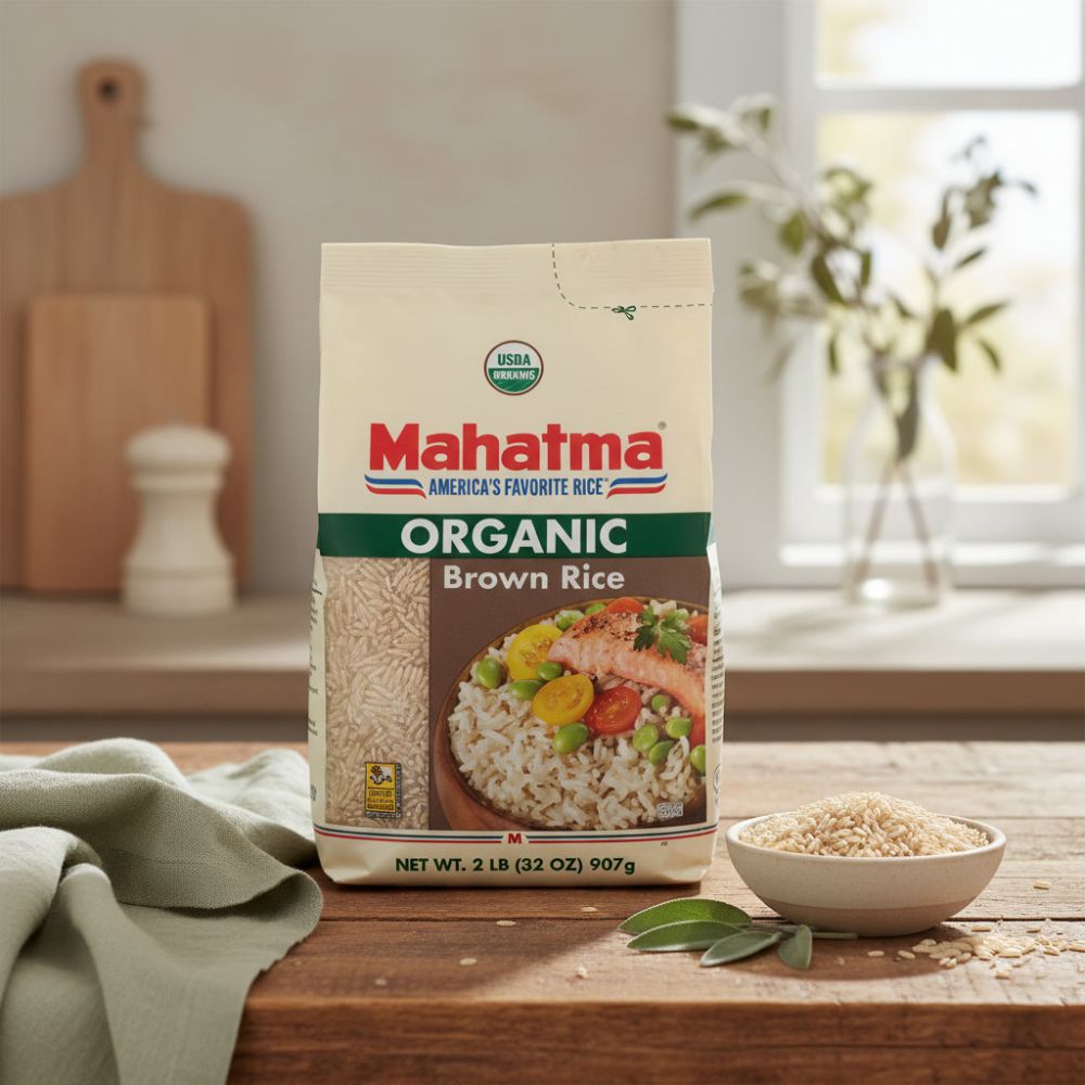 Mahatma Organic Brown Rice, 2-Pound Bag on a kitchen counter with a bowl of rice next to it.