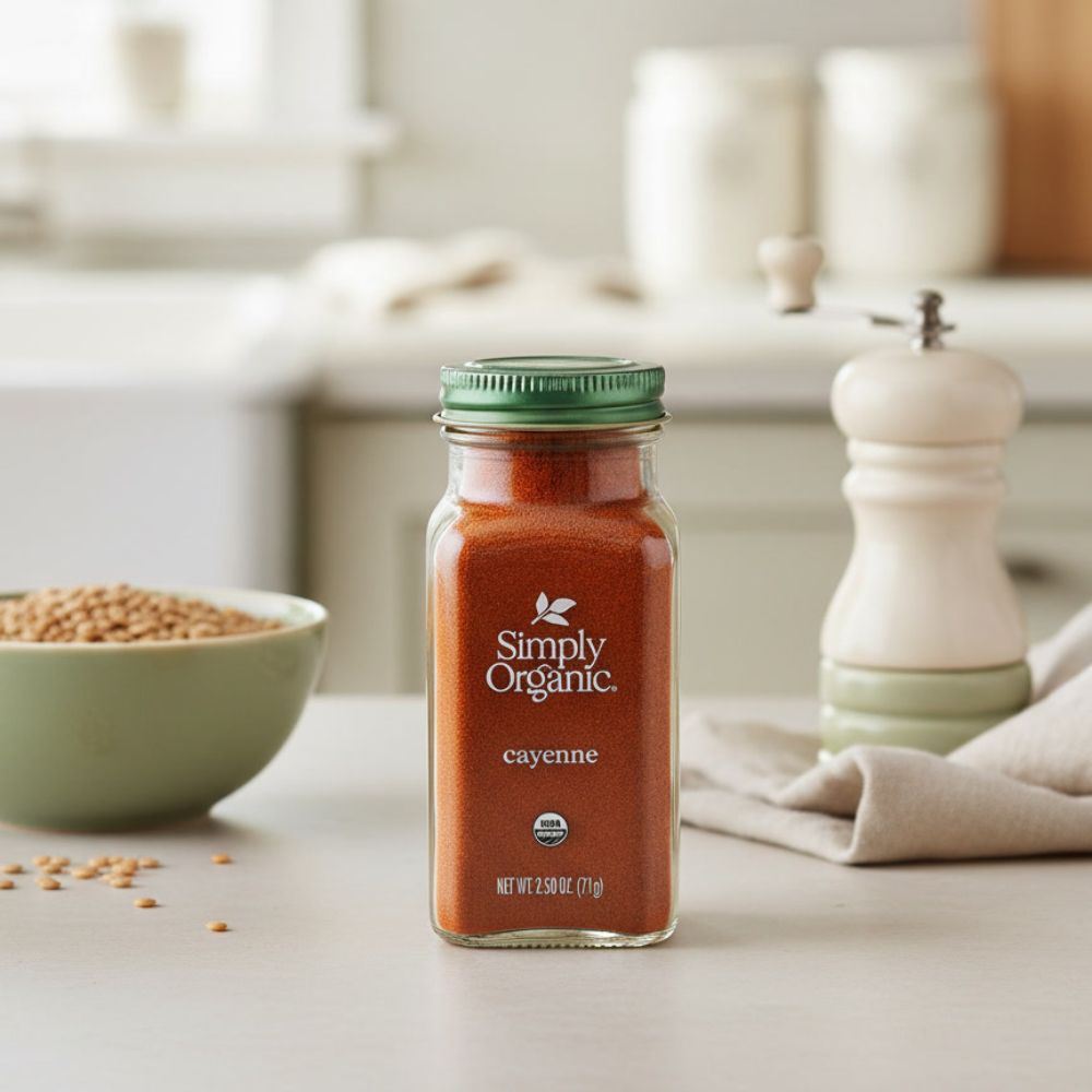 Simply Organic Cayenne Pepper, 2.89 Ounce bottle on a kitchen counter.