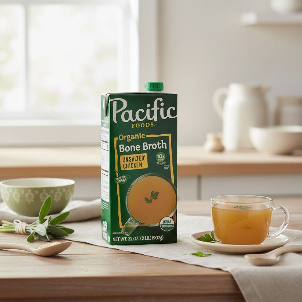 Pacific Foods Organic Unsalted Chicken Bone Broth, 32 oz Carton on a kitchen counter