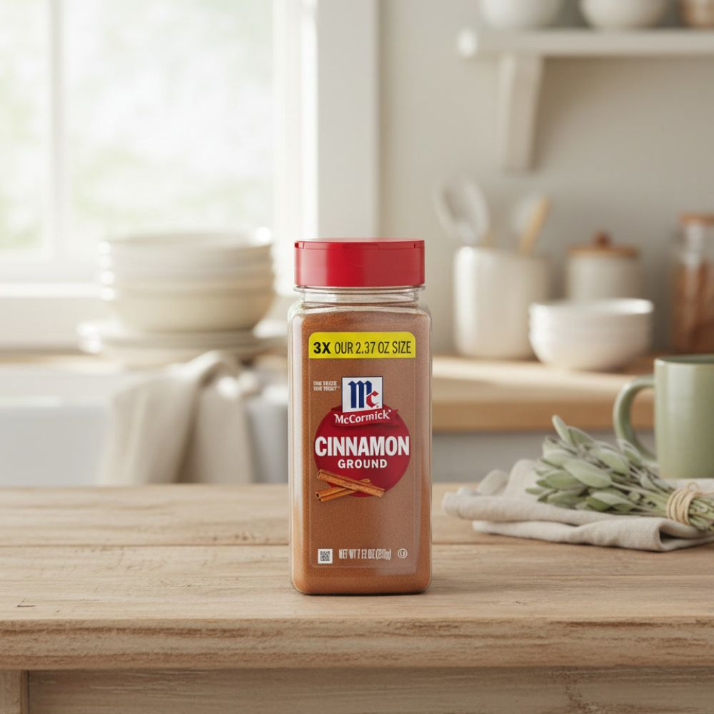 McCormick Ground Cinnamon, 7.12 oz container on a kitchen counter