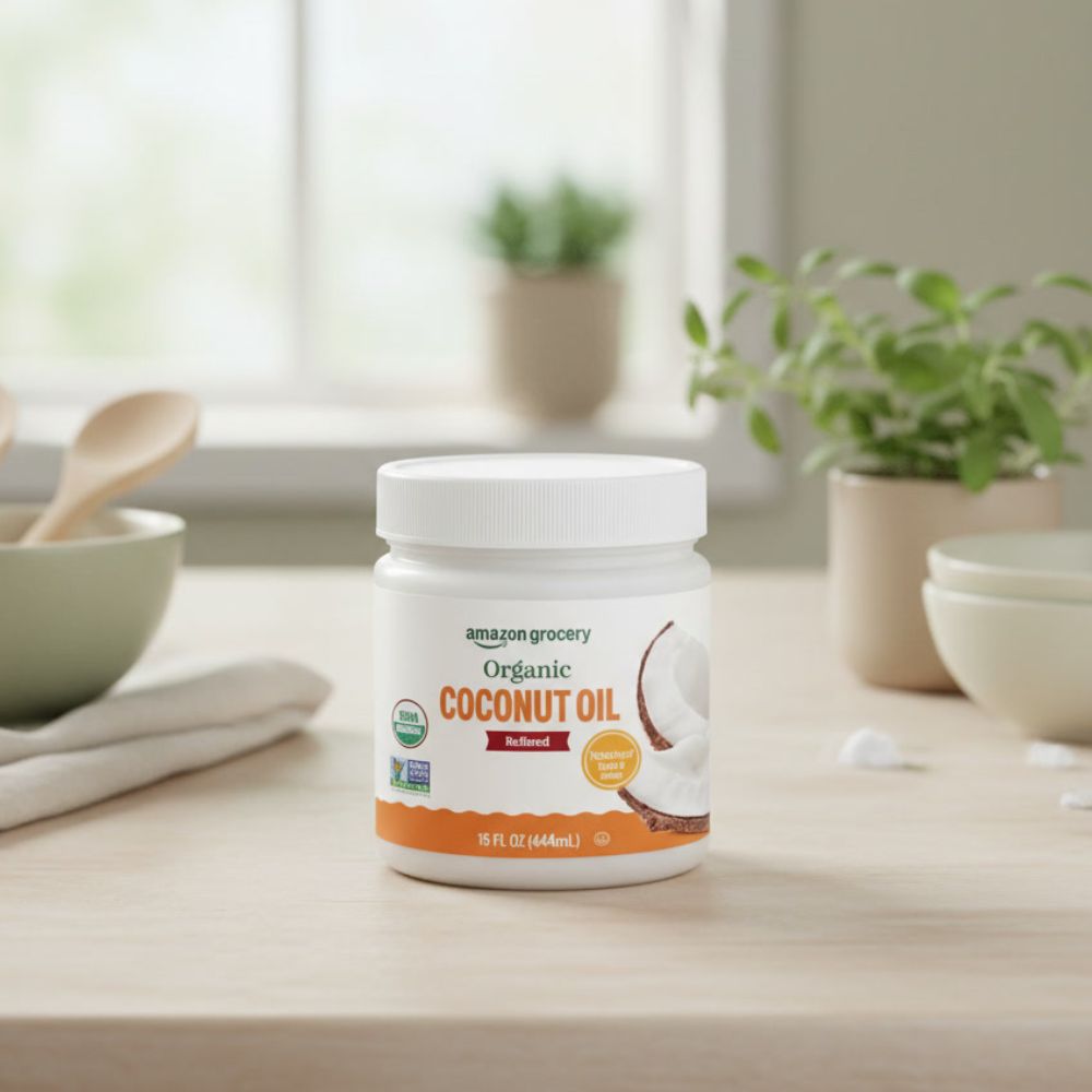 Amazon Grocery, Organic Refined Coconut Oil, 15 Fl Oz container on a kitchen counter.