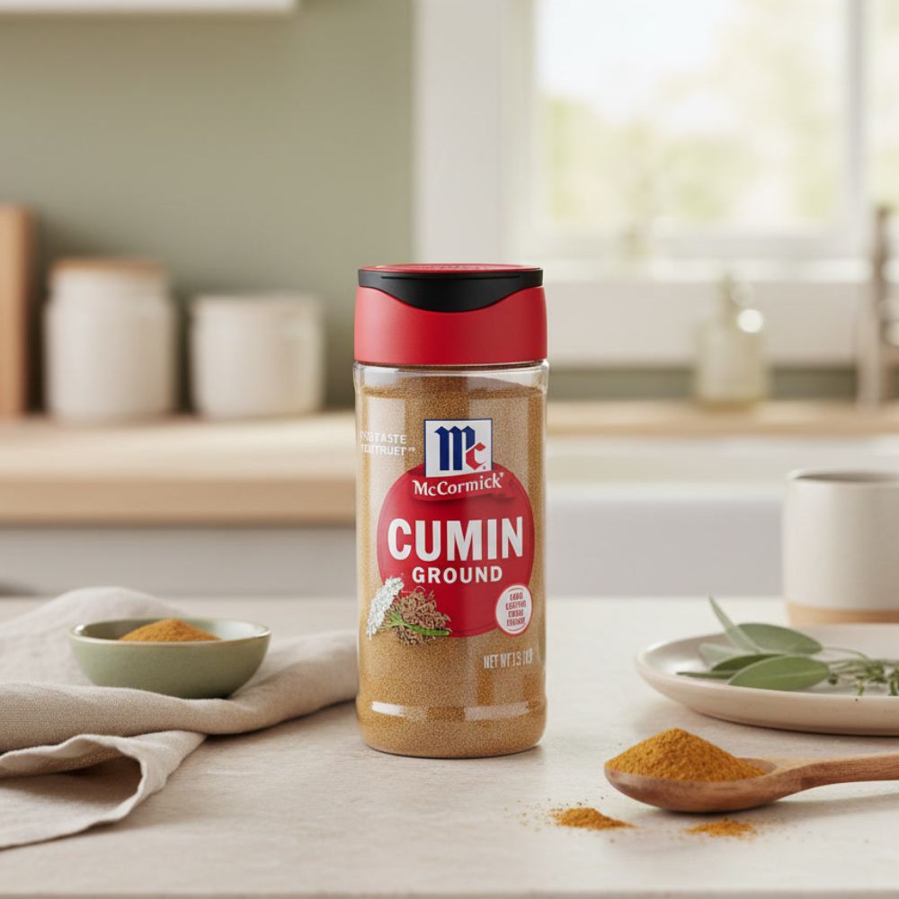 McCormick Ground Cumin, 1.5 Oz bottle on a kitchen counter with some cumin on a wooden spoon next to it.