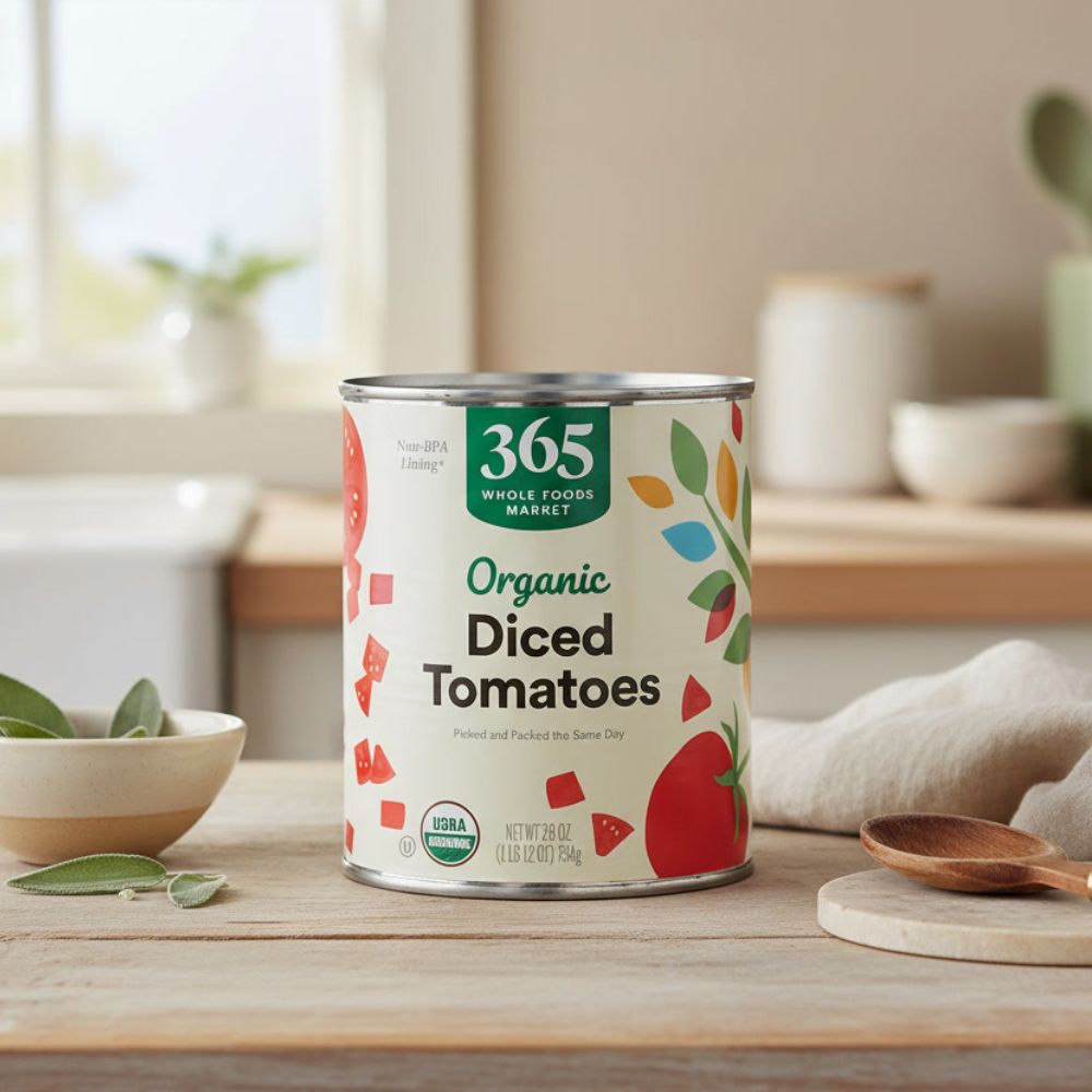 365 by Whole Foods Market, Organic Diced Tomatoes, 28 Ounce can on a kitchen table.